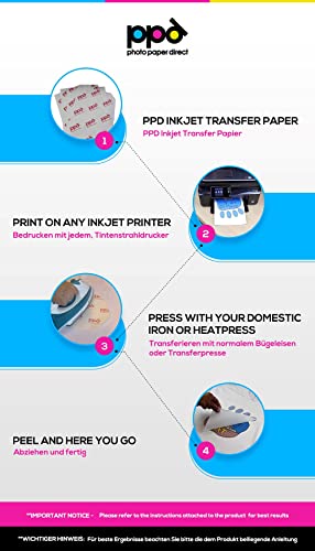 PPD A4 x 40 Hojas de Papel de Transferencia Térmica Para Camisetas, Mascarillas y Tejidos Blancos o Claros - Para Impresora de Inyección de Tinta Inkjet - PPD-1-40