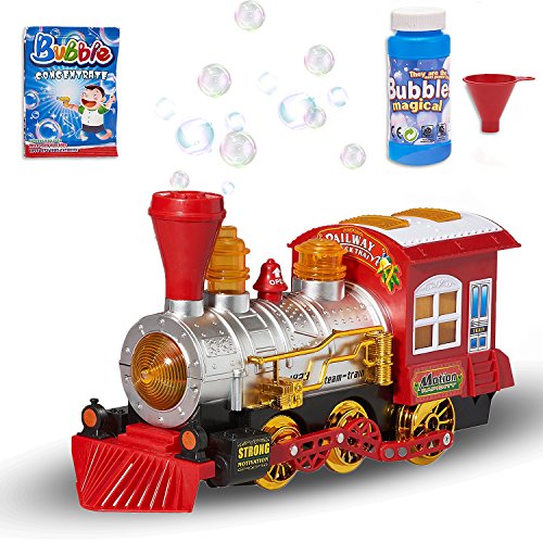 Prextex Bubble Bump 'n' Go tren con luces sonidos y acción Incluye botella de 5 onzas de solución de burbujas y 2 paquetes de concentrado de burbujas Juguete divertido para niños