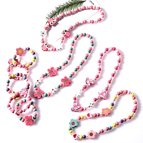 Princesa Joyería Para Niños Niñas Kit De Joyería De Madera Para Niños Niña Collar Pulseras Dibujos Animados Lindo Flores Coloridas Forma Pulsera Collares Conjunto De Joyas Paquete De 4