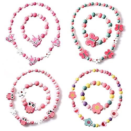 Princesa Joyería Para Niños Niñas Kit De Joyería De Madera Para Niños Niña Collar Pulseras Dibujos Animados Lindo Flores Coloridas Forma Pulsera Collares Conjunto De Joyas Paquete De 4