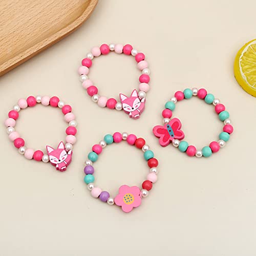 Princesa Joyería Para Niños Niñas Kit De Joyería De Madera Para Niños Niña Collar Pulseras Dibujos Animados Lindo Flores Coloridas Forma Pulsera Collares Conjunto De Joyas Paquete De 4