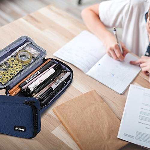 ProCase Estuche Escolar de Gran Capacidad, Bolsa de Lápiz Portable Estuche Organizador para Material Papelería con Cremallera Doble para Hombre Mujer Estudiante en Escuela Oficina –Azul Marino