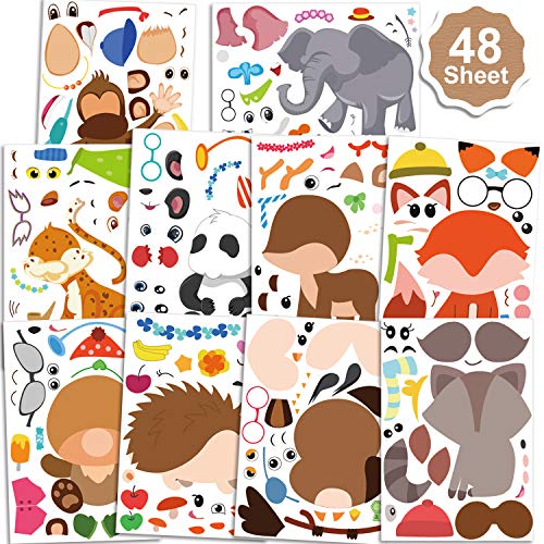 Qpout 48pcs Hacer un Animal Pegatinas para niños, Hacer zoológico Pegatinas de Animales para niños Niños Niñas Bolsas de Regalo de cumpleaños Relleno Suministros Escolares