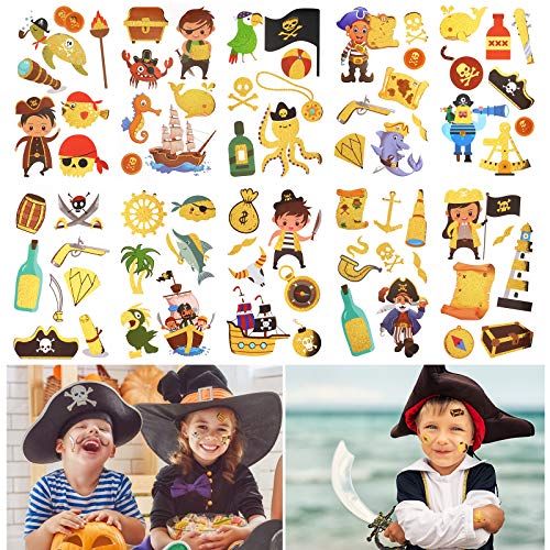 Qpout Tatuajes temporales de piratas para niños, Pirate Neverland Pirates Cannon Powder Jake Captain Fake Tattoo Sticker para niños niñas Pirata Fiesta de cumpleaños Cara Mano Brazo Decoración Regalos