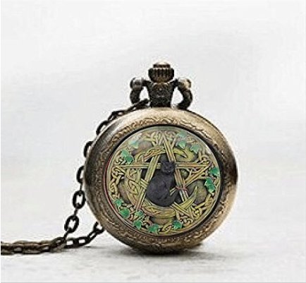 Reloj de bolsillo con colgante Wiccan, collar de gato negro, colgante de gato negro, joyería de azulejos de vidrio, reloj de gato negro, potphoto de gato negro