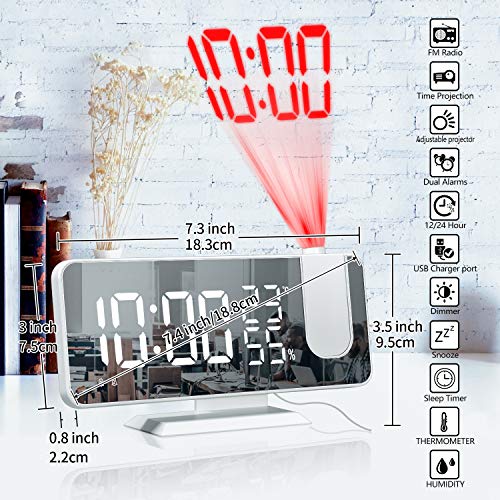 Reloj despertador con espejo 7.5 LED Digital despertador radio Fm reloj despertador doble, puerto de carga USB reloj de espejo de visualización de temperatura y humedad (para dormitorio) 4 atenuadores