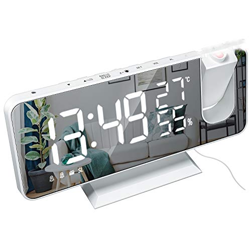 Reloj despertador con espejo 7.5 LED Digital despertador radio Fm reloj despertador doble, puerto de carga USB reloj de espejo de visualización de temperatura y humedad (para dormitorio) 4 atenuadores