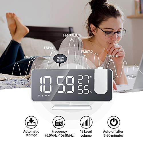 Reloj despertador con espejo 7.5 LED Digital despertador radio Fm reloj despertador doble, puerto de carga USB reloj de espejo de visualización de temperatura y humedad (para dormitorio) 4 atenuadores