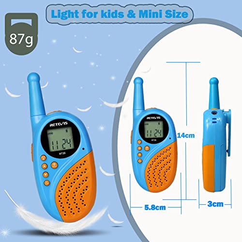 Retevis RT35 Walkie Talkies para Niños y Adultos Recargable Baterías y Cable de Carga USB, Linterna 8 Canales VOX, Radio Bidireccional para Familia Cámping, Senderismo (4 Piezas, Azul)