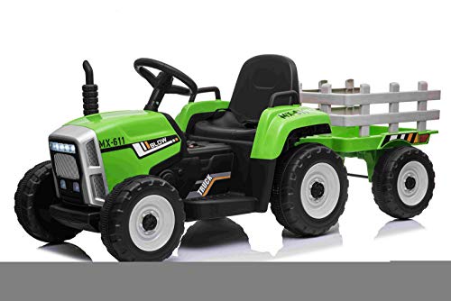 RIRICAR Tractor eléctrico Workers con Remolque, Verde, tracción Trasera, batería de 12V, Ruedas de Plástico, Asiento Ancho de Plástico, Control Remoto de 2,4 GHz