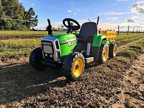 RIRICAR Tractor eléctrico Workers con Remolque, Verde, tracción Trasera, batería de 12V, Ruedas de Plástico, Asiento Ancho de Plástico, Control Remoto de 2,4 GHz