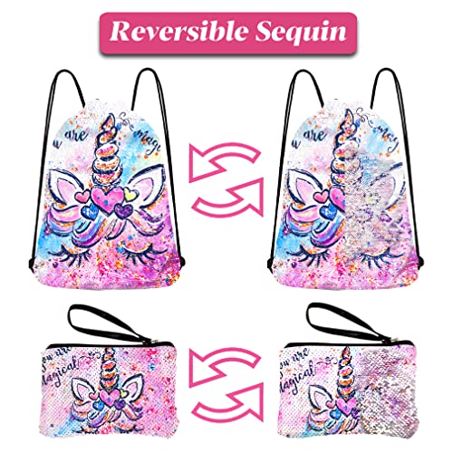 RLGPBON Unicornios Mochila con cordón/Maquillaje Bolsa/Collar de Cadena de aleación/Pulsera/5 Piezas de Lazos para el Cabello Unicornio/Unicornio Drawstring Gift para niñas