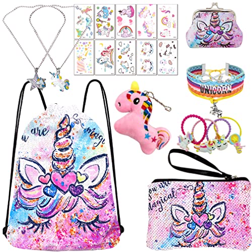 RLGPBON Unicornios Mochila con cordón/Maquillaje Bolsa/Collar de Cadena de aleación/Pulsera/5 Piezas de Lazos para el Cabello Unicornio/Unicornio Drawstring Gift para niñas