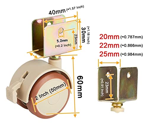 Rolls Rollers de servicio pesado Rollos de transporte 50mm Cama de bebé Rodillos de giro Rodillos de transporte con freno x4, soporte de U-FIFER | 20mm / 22mm / 25mm | 20kg, Ruedas de giro de goma sua