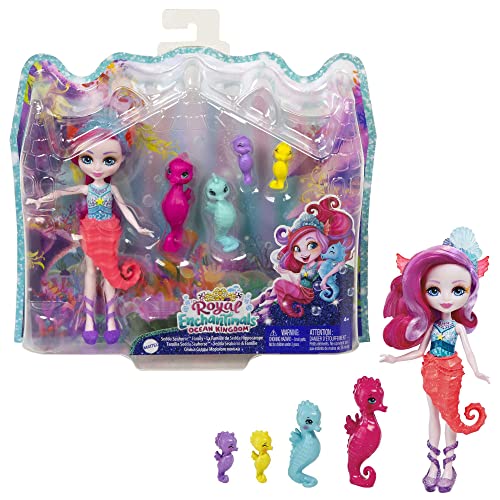 Royal Enchantimals Ocean Kingdom Muñeca Sedda Sea Horse con familia de mascotas caballitos de mar de juguete (Mattel HCF73)