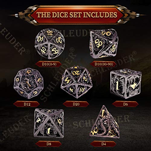 Schleuder D&D Dados para Dungeons and Dragons Dados de rol, Dice Metal Gold Set Juegos de rol, RPG Hueco Forma de Dragón Poliédricos Juego de Dados (Personajes de Bronce y Oro)