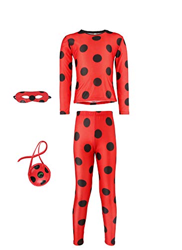 Seawhisper Disfraz de Ladybug para adultos de mariquita, disfraz para niña, 158 y 164, disfraz de Halloween, carnaval, juego de 4 unidades 160, color rojo