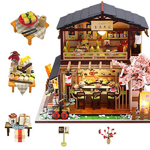 September-Eur ope -DIY 1:24 Montado a Mano Estilo Japonés Sushi Shop Miniatura de Madera Creativa Casa de Muñecas DIY Kit Montado para Regalo de Cumpleaños con Luces LED