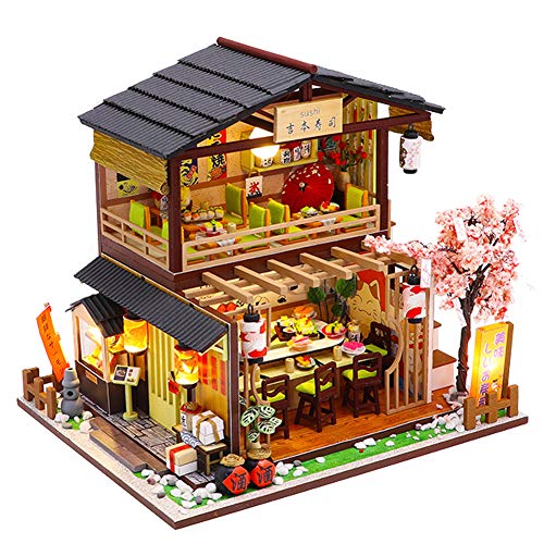 September-Eur ope -DIY 1:24 Montado a Mano Estilo Japonés Sushi Shop Miniatura de Madera Creativa Casa de Muñecas DIY Kit Montado para Regalo de Cumpleaños con Luces LED