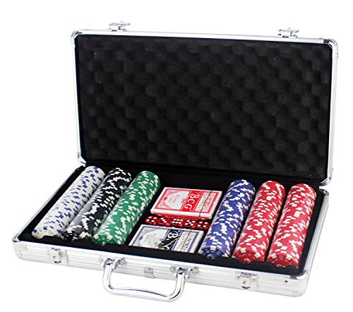 Set de Poker / Póquer, Texas Holdem, Blackjack Completo con Maletín de Aluminio, Juego de Fichas Plástico, Mini Casino Portátil, Accesorios de Baccarat, Juegos de Mesa y Entretenimiento (300 FICHAS)