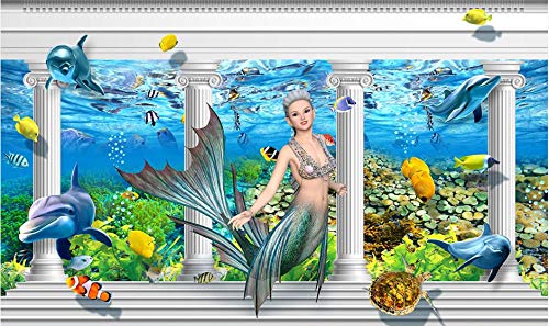 SHANGZHIQIN Mural 3D Impermeable Creativo, Dolphin Mermaid Dolphin Roman Column Palace