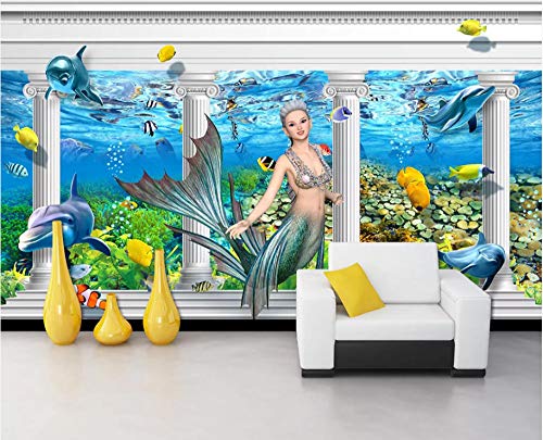 SHANGZHIQIN Mural 3D Impermeable Creativo, Dolphin Mermaid Dolphin Roman Column Palace