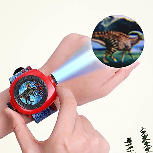 Shenrongtong Proyector de Juguete para niños 24 Relojes con diseño de Dinosaurios proyector en la muñeca Reloj de Pulsera Digital de Dibujos Animados para niños Longitud Focal Ajustable Juguete