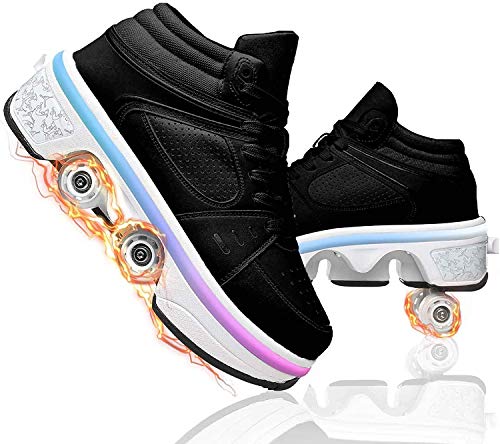 SHHAN Patines De Ruedas para Niños 2 En 1 Deformación De Doble Fila Patines De Ruedas Adultos Niños Zapatos LED De Cuatro Ruedas Patines Mujer,Black led,34