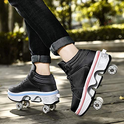 SHHAN Patines De Ruedas para Niños 2 En 1 Deformación De Doble Fila Patines De Ruedas Adultos Niños Zapatos LED De Cuatro Ruedas Patines Mujer,Black led,34