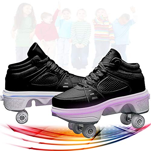 SHHAN Patines De Ruedas para Niños 2 En 1 Deformación De Doble Fila Patines De Ruedas Adultos Niños Zapatos LED De Cuatro Ruedas Patines Mujer,Black led,34