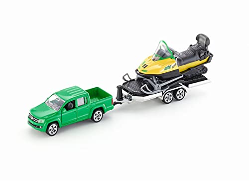 siku 2548 Coche con remolque y moto de nieve, Remolque inclinable, 1:55, Metal/Plástico, Verde/Amarillo