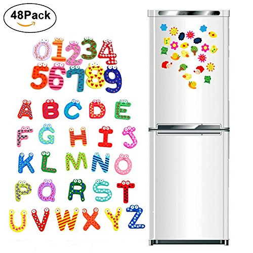 Simuer Wooden Cartoon Fridge Magnet Novelty Animals Numbers Letters Alphabet Wooden Fridge Magnet Sticker Cute Funny Refrigerator Sticker for Learning & Education 48Pcs/set