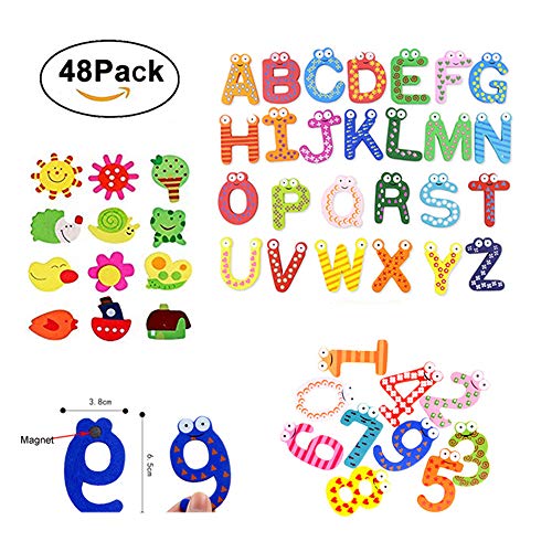 Simuer Wooden Cartoon Fridge Magnet Novelty Animals Numbers Letters Alphabet Wooden Fridge Magnet Sticker Cute Funny Refrigerator Sticker for Learning & Education 48Pcs/set