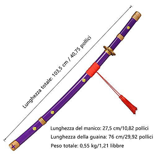 Skyward Blade Espada de madera Roronoa Zoro Katana, espada de samurai japonesa de trama original Anime, Slash de plumas de cielo, Katana de Yama Enma Morada para colección Cosplay de 40 pulgadas