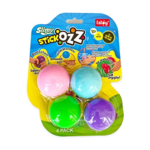 Slimy StickOzz - Juego de 4 pelotas adhesivas de neón y 2 pelotas adhesivas GID para apretar, apretar y lanzar en cualquier lugar