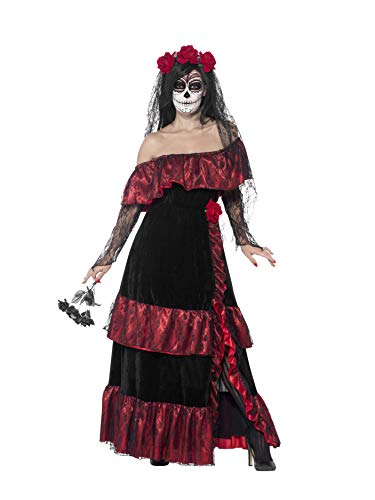 Smiffy's-43739L Disfraz de Novia del Día de Muertos, con Vestido y Velo con Rosas, Color Negro, One Size (43739L)