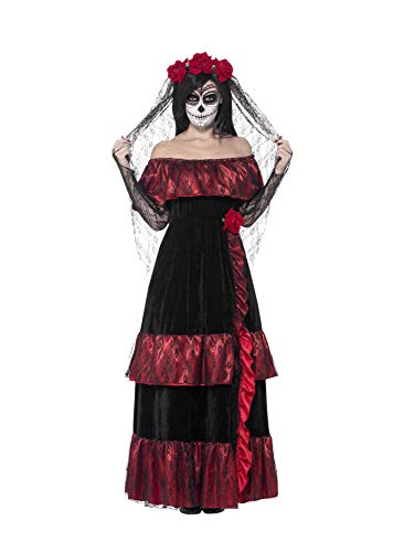 Smiffy's-43739L Disfraz de Novia del Día de Muertos, con Vestido y Velo con Rosas, Color Negro, One Size (43739L)