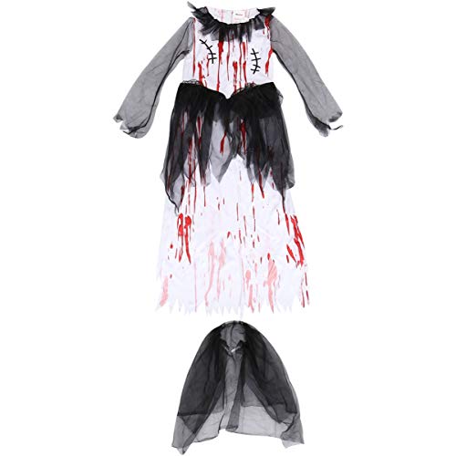 SOIMISS Disfraz de Novia Zombie para Niñas de Halloween Vestido con Velo Diadema Sangrienta Zombie Prom Queen Vestido de Novia para Niño Cosplay Casa Embrujada M (Negro Blanco)