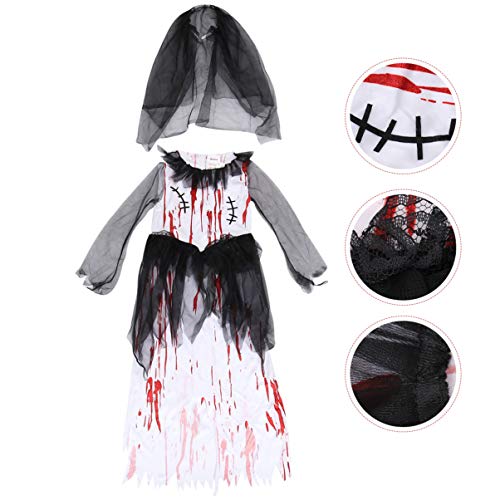 SOIMISS Disfraz de Novia Zombie para Niñas de Halloween Vestido con Velo Diadema Sangrienta Zombie Prom Queen Vestido de Novia para Niño Cosplay Casa Embrujada M (Negro Blanco)