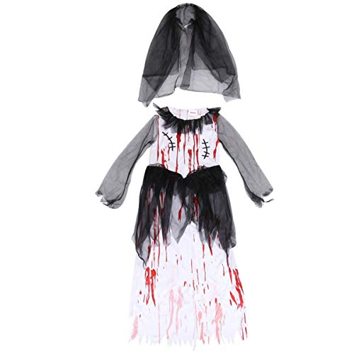 SOIMISS Disfraz de Novia Zombie para Niñas de Halloween Vestido con Velo Diadema Sangrienta Zombie Prom Queen Vestido de Novia para Niño Cosplay Casa Embrujada M (Negro Blanco)