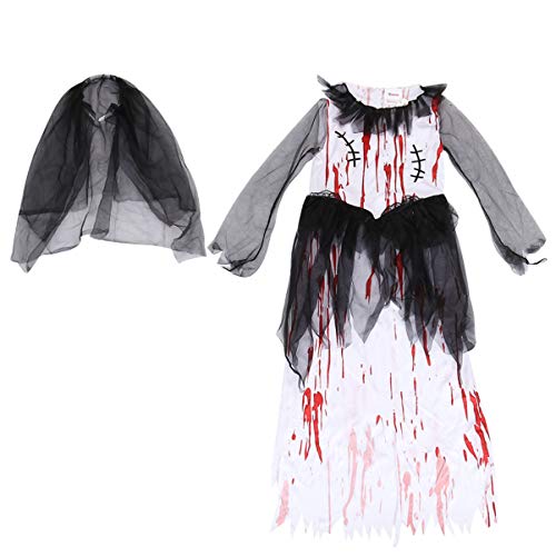 SOIMISS Disfraz de Novia Zombie para Niñas de Halloween Vestido con Velo Diadema Sangrienta Zombie Prom Queen Vestido de Novia para Niño Cosplay Casa Embrujada M (Negro Blanco)