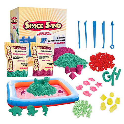 Space Sand 1.8 kg con 50 Piezas de Formas, números, Letras, Piezas de Castillos, Herramienta de Modelado, Arena mágica cinética, Probada por el TÜV, Modelo 2020 (0.9kg Fucsia y 0.9kg Turquesa)