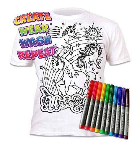 Splat Planet Camiseta infantil con diseño de unicornio. Para pintar y colorear con preimpresión. Incluye 6 rotuladores mágicos lavables. Cumpleaños infantiles, Blanco, 3-4 Años