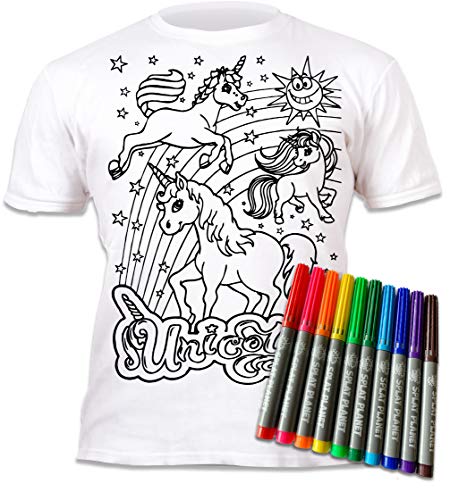 Splat Planet Camiseta infantil con diseño de unicornio. Para pintar y colorear con preimpresión. Incluye 6 rotuladores mágicos lavables. Cumpleaños infantiles, Blanco, 3-4 Años