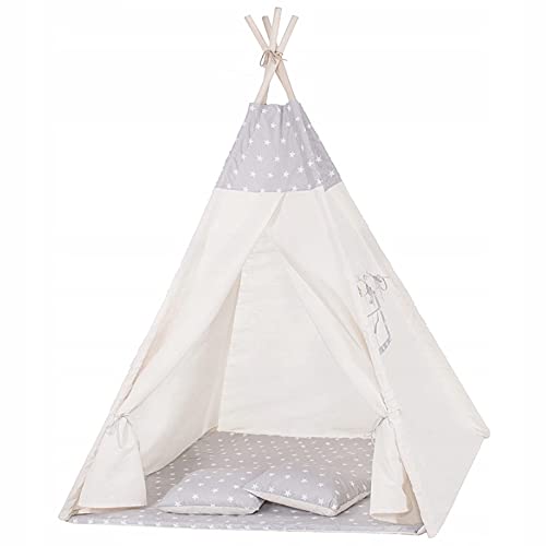 Springos, Gris con Estrellas, Niños, Tienda Tipi, Wigwam con Colchoneta de Algodón, Tienda de Campaña Infantil, Tienda de Juego Infantil, Tipi de Juego a los Indios, Rincón de Cariño 160*120*100 cm