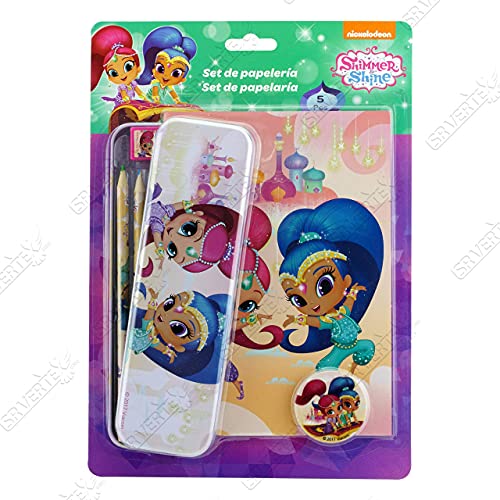 SRV Hub® Juego de papelería con licencia para niños y niñas contiene 5 piezas de papelería para niños a partir de 3 años con personajes de Disney Shimmer and Shine