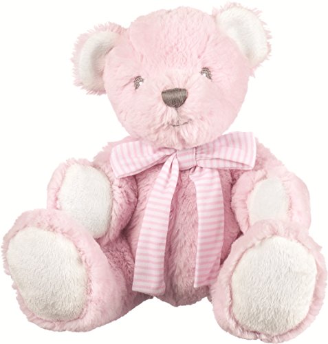 Suki Baby Hug-a-Boo Oso de peluche súper suave con sonajero en panza y lazo de algodón a rayas (pequeño, rosado)