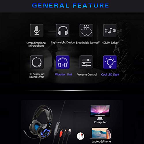 SUN JUNWEI Auriculares para Juegos, Auriculares para PC, Auriculares para Juegos de PC Auriculares para Juegos con micrófono, LED, Cancelación de Ruido y Control de Volumen