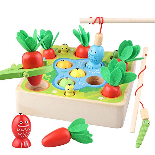 Sunarrive Juego de pesca 3 en 1 de madera – Pesca de peces – Juguete de madera – Montessori – Juguete motricidad – Juguete educativo – Regalo para niños pequeños a partir de 2 3 años