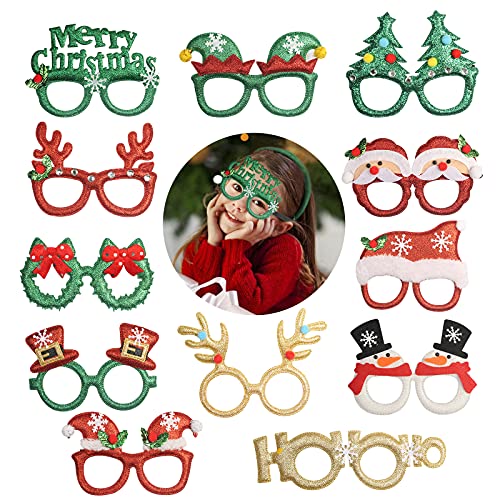 SUNYOK 12pcs Gafas de Navidad Marco de Gafas Navideñas Anteojos de Disfraces de decoración navideña Copas Vasos navideños con Purpurina Fiesta Disfraces Cosplay Decoración Accesorios Photobooth